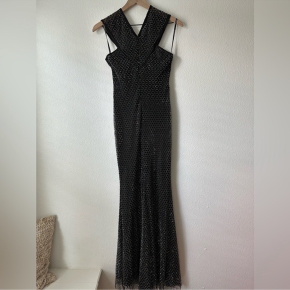 SELF PORTRAIT Black Rhinestone Fishnet Crossover Midi Dress US 6 - Picture 1 of 8